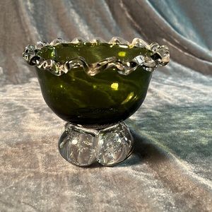 VTG Green Ruffled Blown Glass Dish
